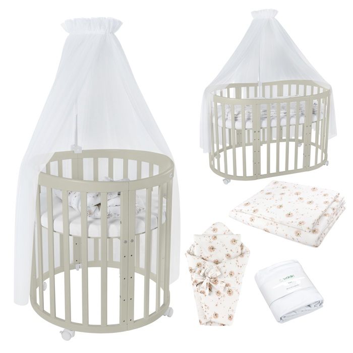 Waldin Lit Bébé Ovale 7en1 Évolutif Matelas - Olive - Ensemble Pissenlit Blanc inclus