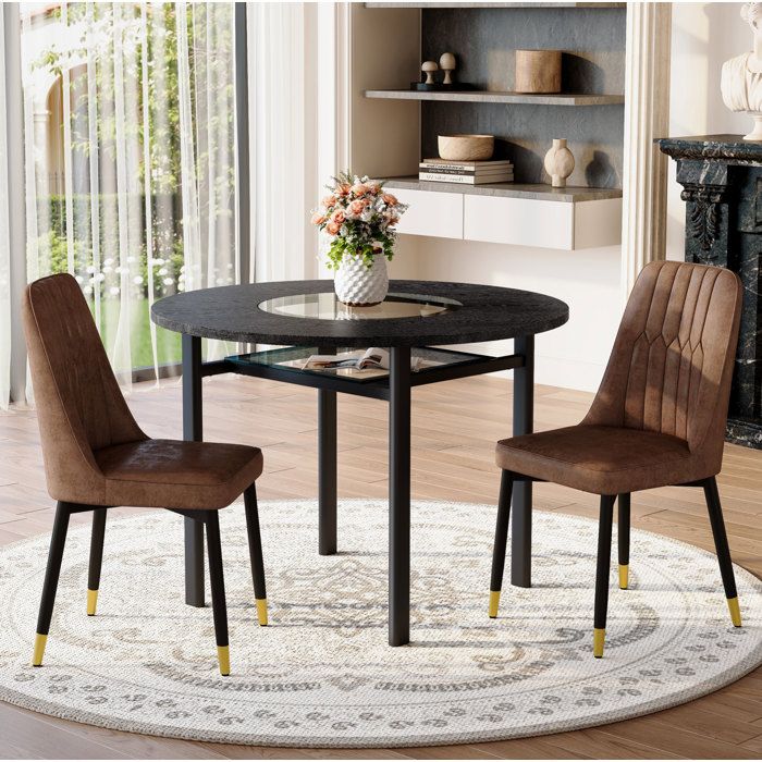Ensemble table à manger ronde 100 cm avec 2 chaises marron aspect bois noir verre et métal ORVRYN