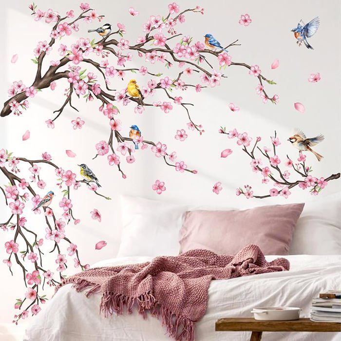 Autocolnt Mural en Vinyle arbres de Fleurs de Cerises Roses et de Oiseaux Sticker Muraux Rose Cerisier en Fleur