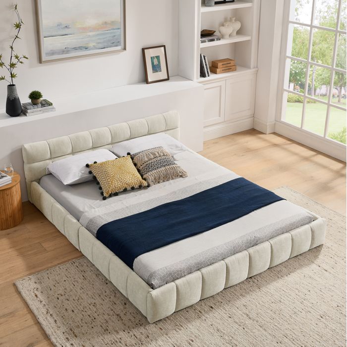 MEUBLIV Lit double rembourré 160 x 200 cm beige en chenille sommier à lattes tête de lit matelassée