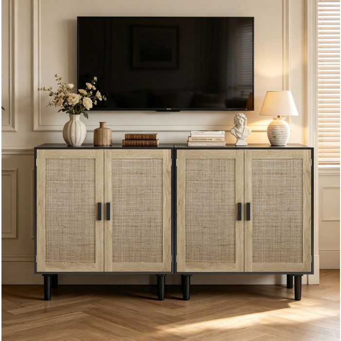 Buffet de rangement 2 portes en rotin 80 x 40 x 88 cm noir pour salon salle a manger entree