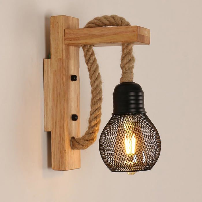 Applique Murale Rustique Bois Lampe Murale Vintage Rétro Abat-Jour en Cage en Métal Noir E27 Applique Murale Intérieure Bois