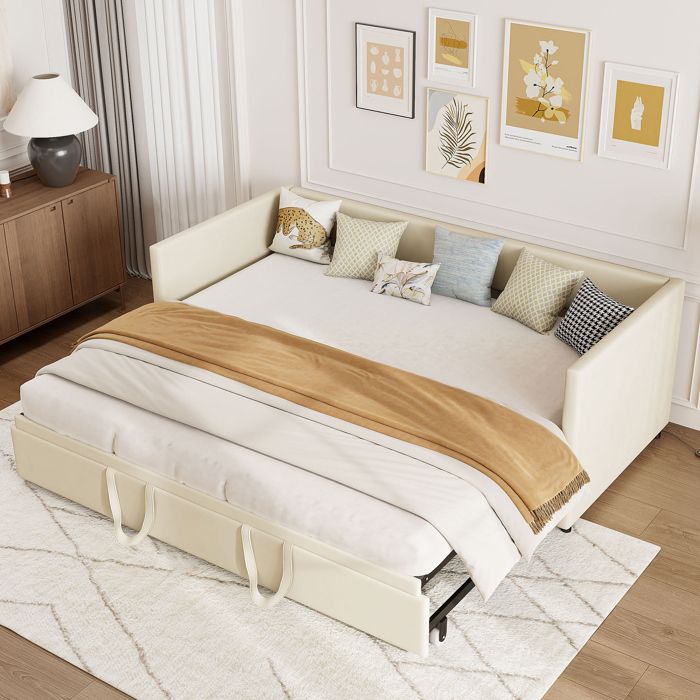 Canapé-lit 2 places convertible 90/180x200 cm sommier à lattes intégré velours beige élégant pour salon ou chambre d’amis.