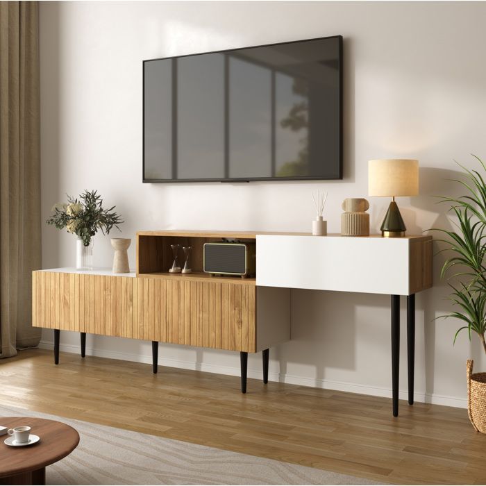 VUENOR meuble TV modulable 2 parties longueur réglable 130-220 x 30 x 63 4 cm blanc et décor bois