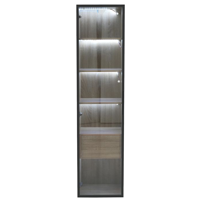 Colonne de salle de bain – 40 cm – avec bande lumineuse 1 porte vitree et 1 tiroir – decor naturel