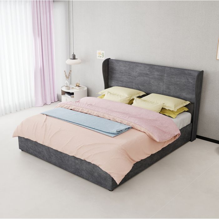 Lit coffre rembourré AESVAR 160 x 200 cm gris avec tête de lit haute et sommier à lattes