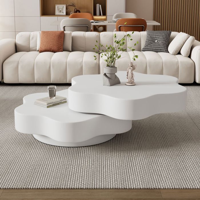 Table basse - WESTYLE - Forme florale - Plateau pivotant 360° - 2 niveaux - MDF laqué blanc crème