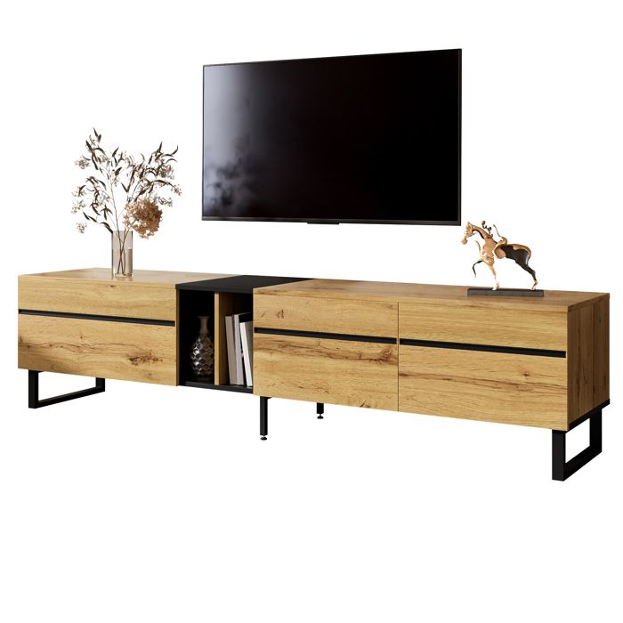 Meuble TV Bas 180 cm Moderne Compartiment à Abattant Niches Ouvertes 2 Portes Grand Rangement Salon
