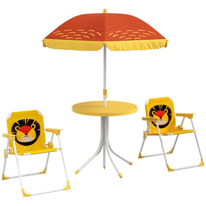 YWJ Lot 2 Chaises Pliantes Table Enfant Parasol Hauteur Réglable Thème Lion Jardin Extérieur Jaune