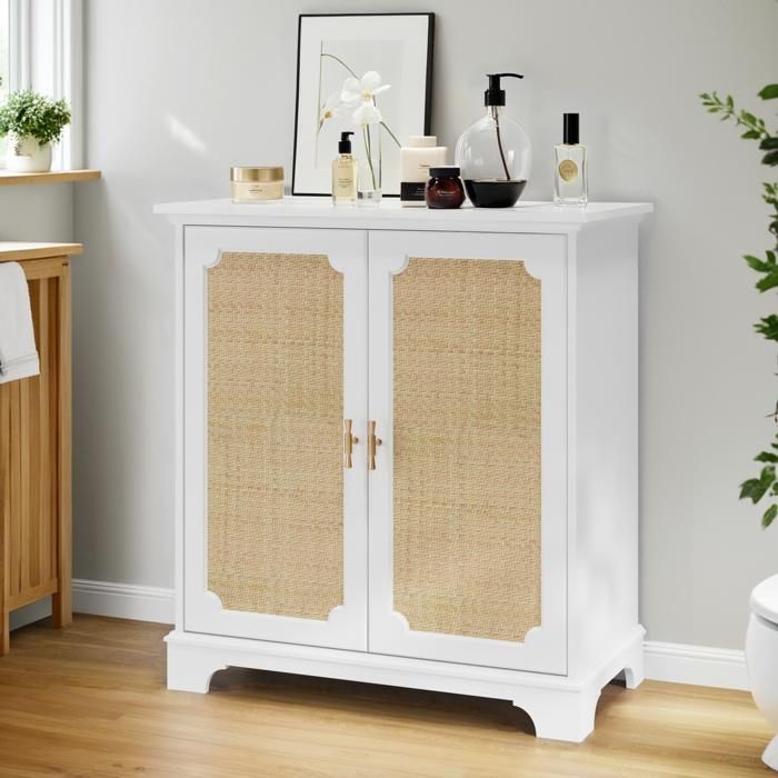 Buffet bas blanc 80x38x86 cm portes en rotin étagère réglable meuble de rangement en bois TYNQER