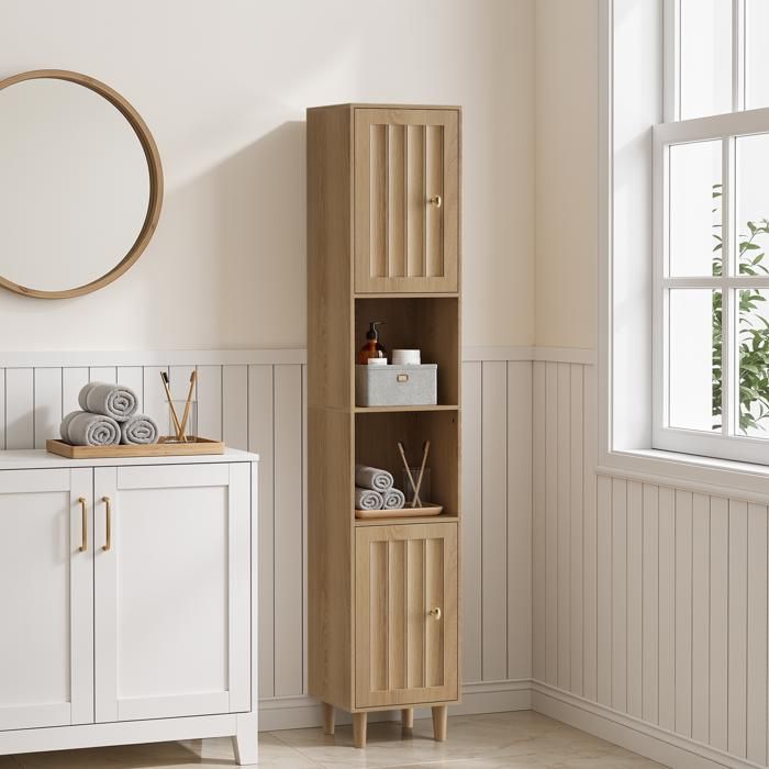 Colonne de salle de bain armoire haute meuble de rangement aspect chêne MDF 2 portes étagères ouvertes FOLYNA