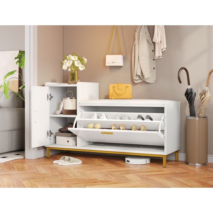 Meuble à chaussures avec banc 100 x 38 x 68 cm 2 étagères 1 armoire assise rembourrée blanc et or ORVRYN