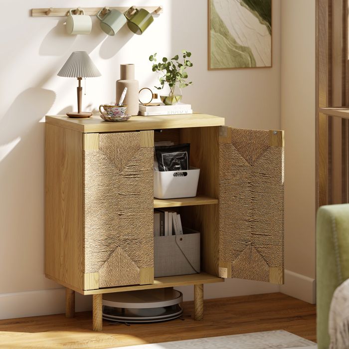 Buffet - Bohème - 2 portes corde tissée - Étagère réglable 3 hauteurs - Push-to-open chêne 60x40x78