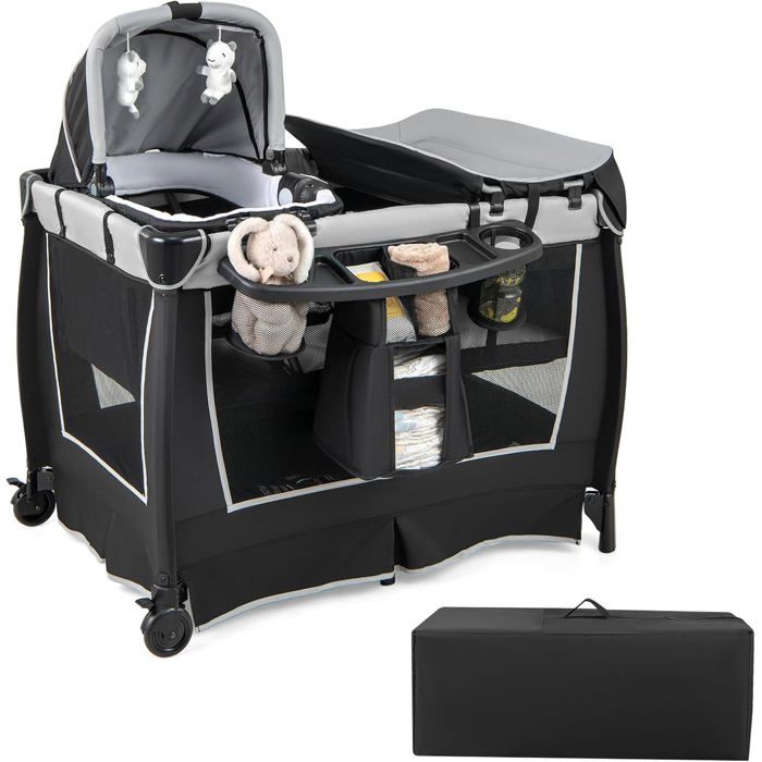 6 en 1 Lit Parapluie Bébé avec Matelas COSTWAY Barre Détachable avec Auvent Réglable2 Jouets Musical et Sac Transport 0-3 Ans Gris