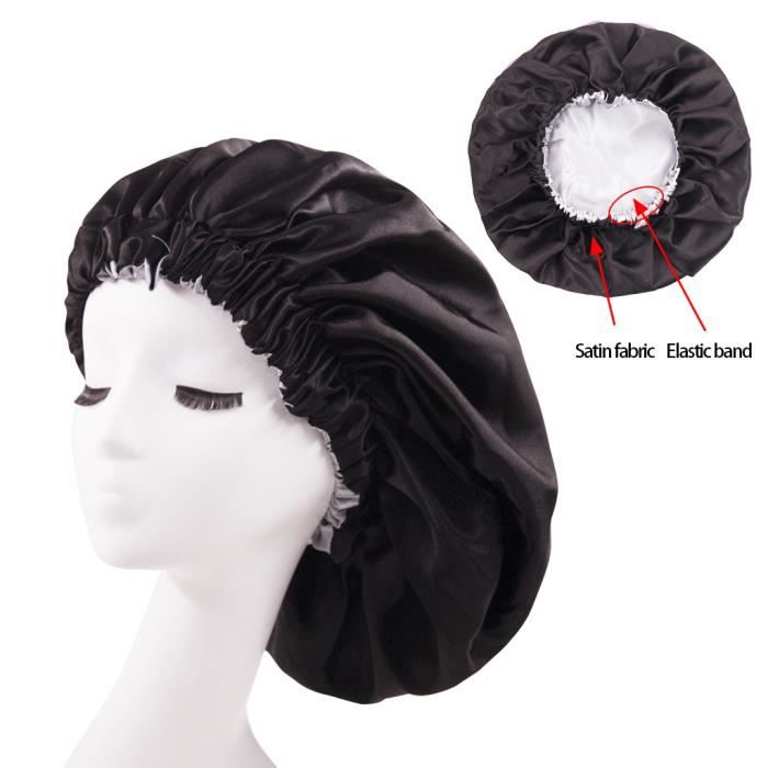 Bonnet de Nuit de protection cheveux en Satin noir réversible