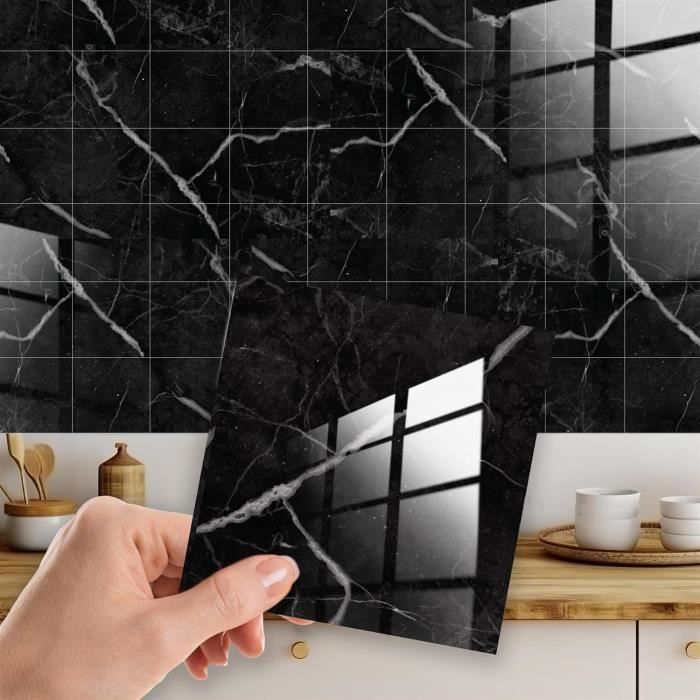 Autocollant Crédence Cuisine Et Salle De Bain - Noir Et Blanc - 24 Carreaux 15x15cm - Résistant à L'huile