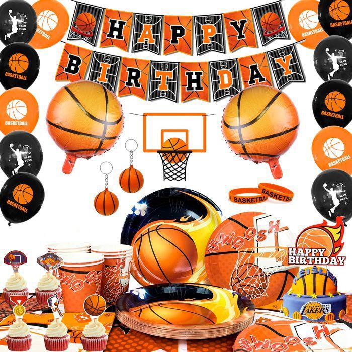 Ensemble dAnniversaire de Basket-Ball Set de Vaisselle Décorations de Fête de Basket-Ball Bannière dAnniversaire pour 16 invités
