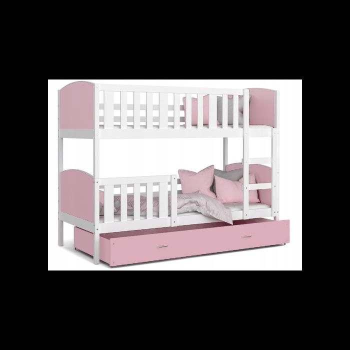 Lit superposé Tomy 90x190 BLANC ROSE Livré avec tiroir, 2 sommiers et 2 matelas en mousse de 7cm OFFERTS