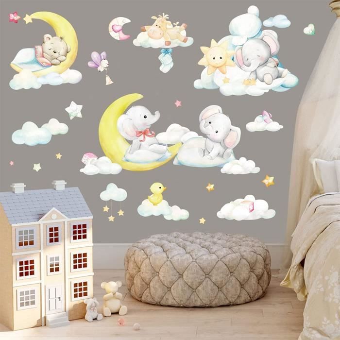 Stickers Muraux Enfants Autocollant Mural Bebe Garcon Fille Chambre Decoration Animaux Elephant Ours Lune Etoiles Stickers 938 Cdiscount Maison