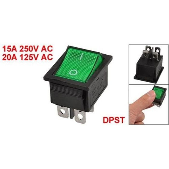 Interrupteur à Bascule 4 Broches 16A 250V - Avec LED Vert - Pour Machine, Éclairage Ou Appareil Électrique