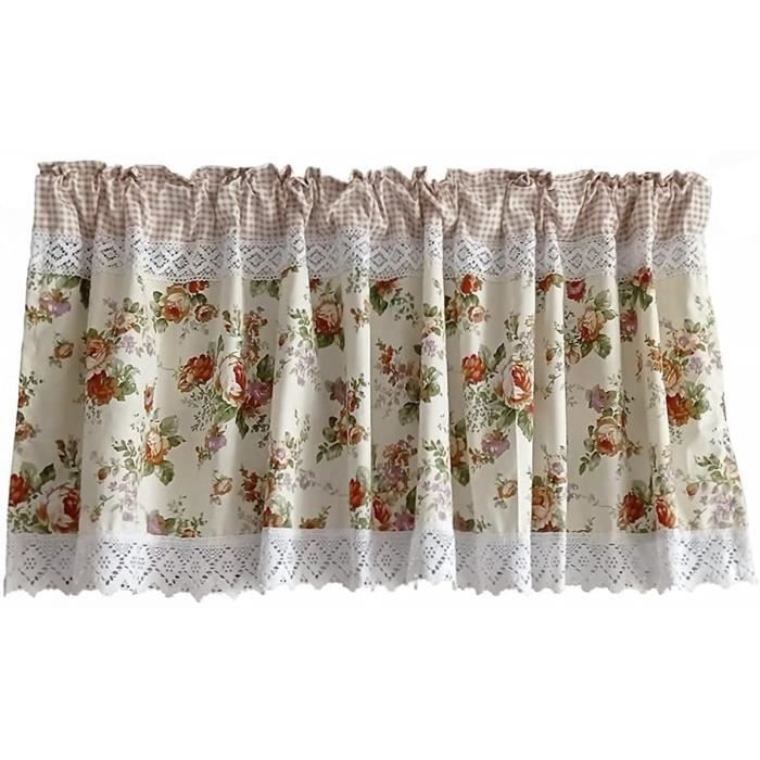 1 pièce Store Court avec Rideau à Volants Motif Fleur Naturel LinTimes Disque Rideau Rideau Court pour Cuisine Rideau Bistro Rideaux Style Maison de Campagne avec Cordon de Serrage 132x38cm