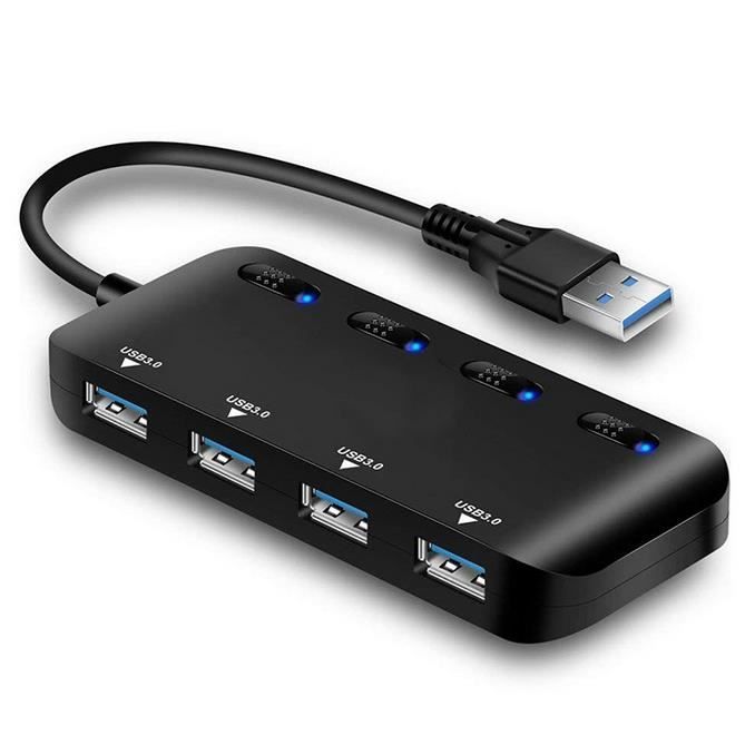 Hub USB 3.0 Multiprise, Multi 4 Ports USB Multiple Ultra Fin avec Voyants de Commutateurs d'alimentation IndividuelsC