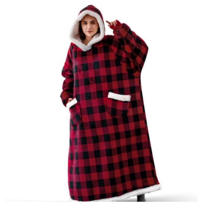 Plaid Pull à Manche Longue avec Capuche et Poche Super Doux Chaud Plaid en Flanelle Couverture-150cm- Rouge