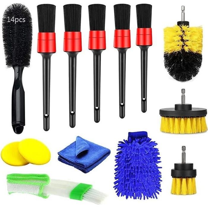 Lot de Brosse Nettoyage Voiture Professionnel, Kit Pinceaux Brosse de Jantes pour Extérieur Interieur de Véhicule (14 pièce)