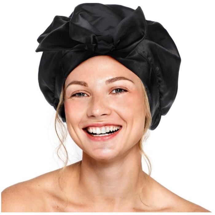 Bonnet de Douche - Femme - Noir - Réutilisable - Imperméable - Double Couche