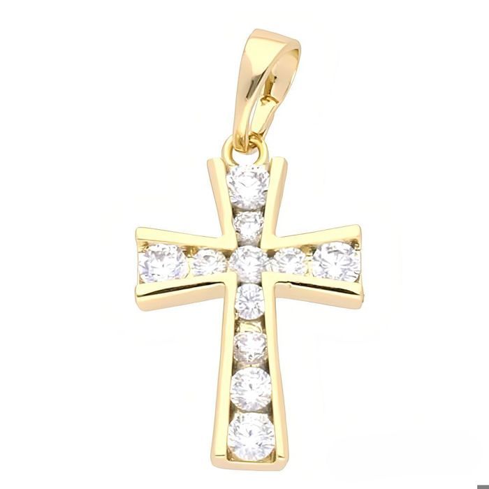 Pendentif Croix Rizilia Avec Chaîne 18" – Or Blanc Plaqué – Pierre CZ Trapézoïdale – Taille 32x23 Mm – Sans Nickel