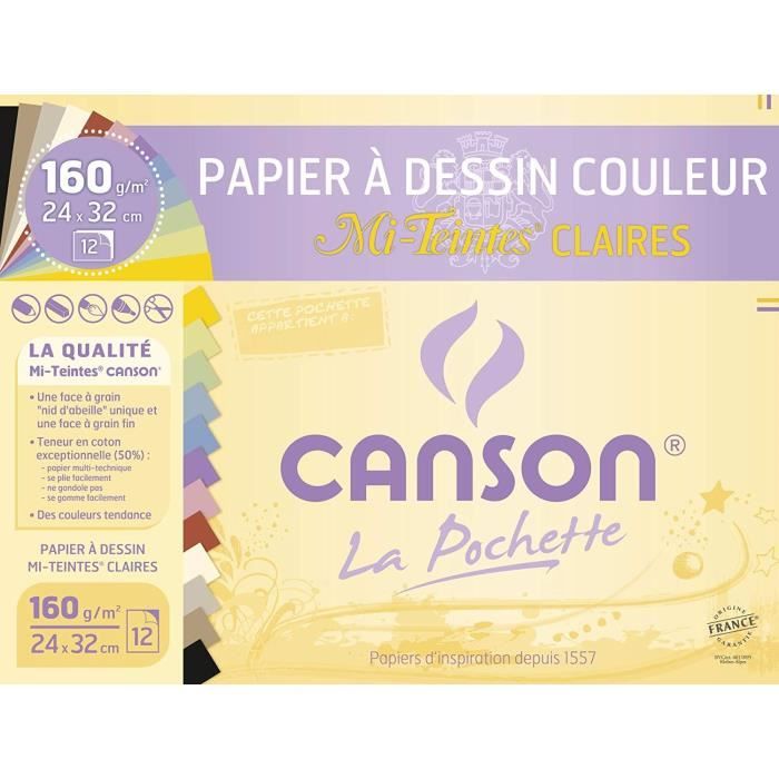Pochette 12 feuilles papier à dessin couleur 24x32cm 160g Canson