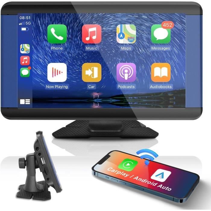 Écran CarPlay Android Auto 7" Sans Fil – Tactile Portable, GPS, Siri/Google, Bluetooth, Mirror Link, Support Magnétique