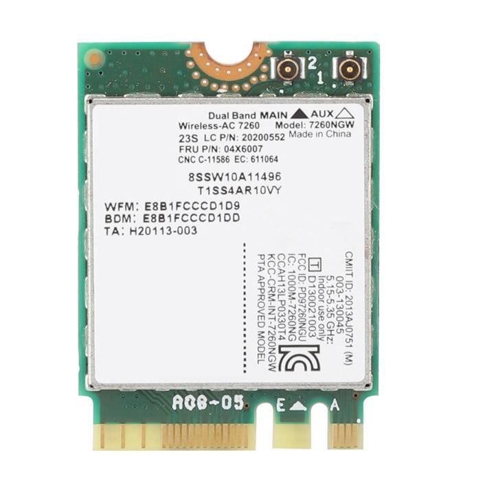 Carte Réseau Wi-Fi AC-7265 Dual Band + Bluetooth 4.0 - Pour ThinkPad (L450, T450, X250, Etc.), Interface NGFF/M2, Vitesse Jusqu'à 867 Mbps