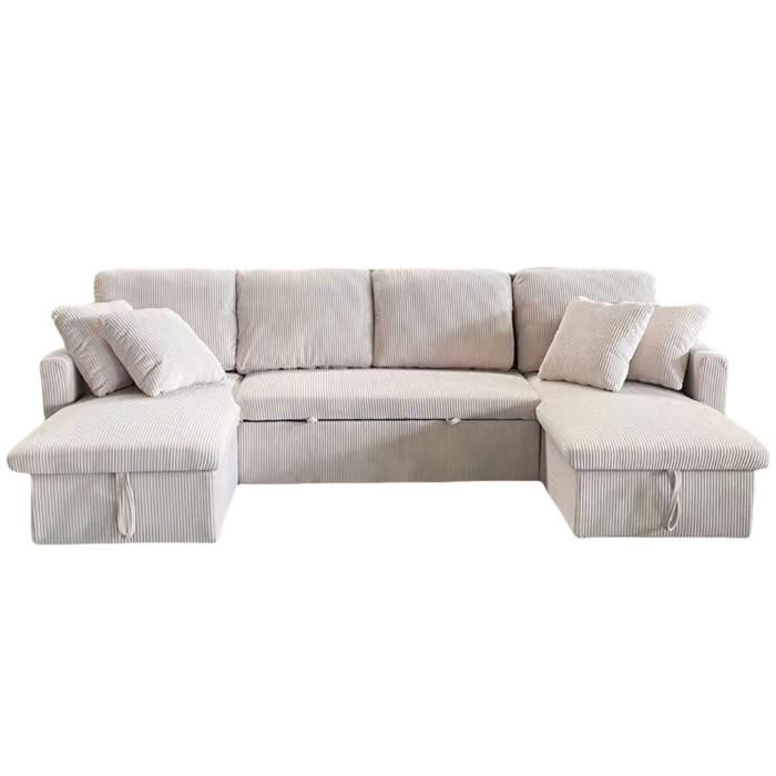 Canapé Panoramique Convertible BOLUTI En Velours Côtelé Avec Coffre - Gris Clair - 350cm