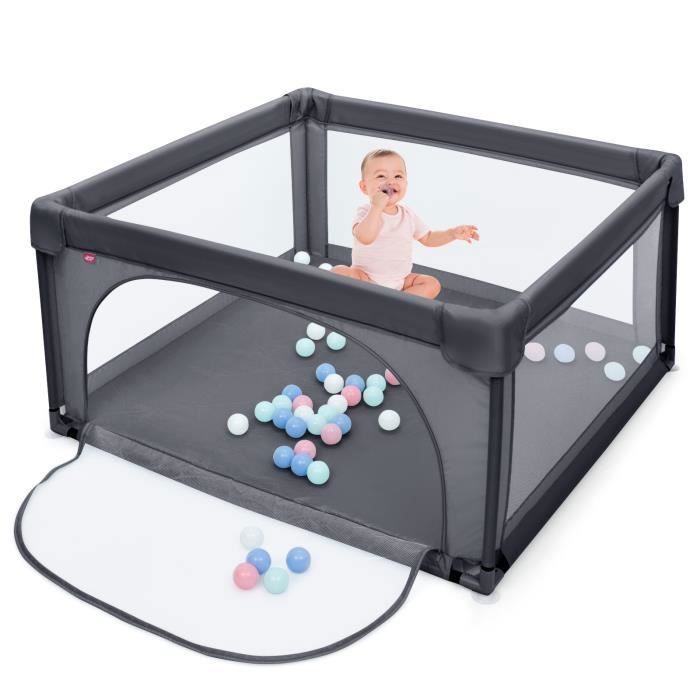 Parc Bébé COMOMY 180x150cm Avec 50 Boules Et Anneaux - Filet Respirant, Espace Jeu Sécurisé