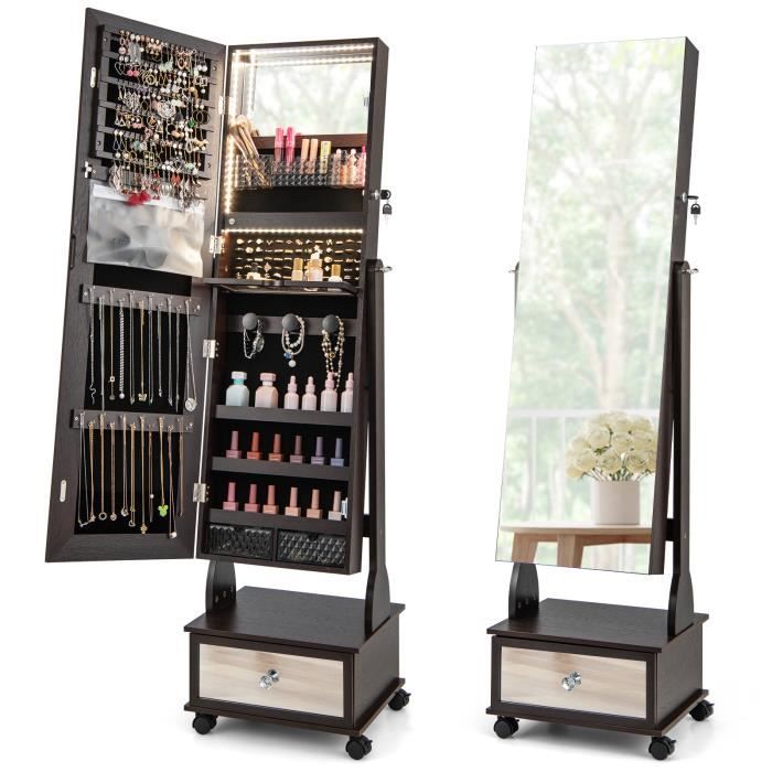 COSTWAY Armoire à Bijoux sur Pied - 4 Roues Verrouillables Miroir Pleine Longueur Lumières LED Tiroir Serrure et Clé - Marron