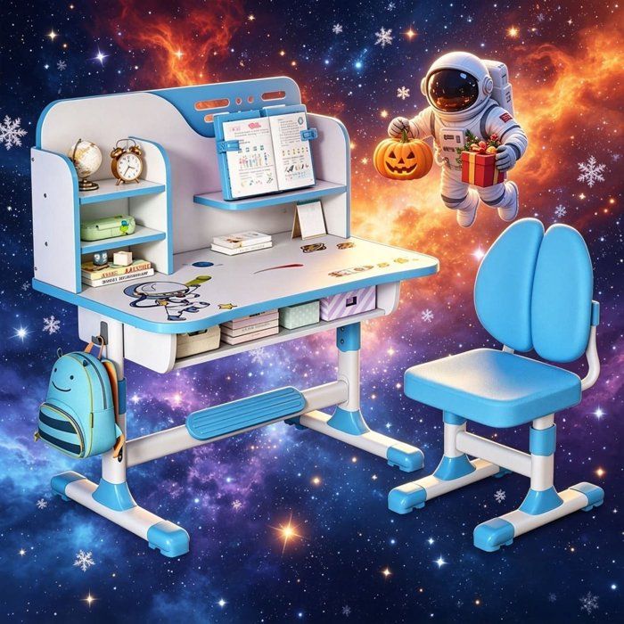 Ensemble Bureau et Chaise pour Enfant Hauteur RéglableTable détude avec Tiroir et Crochet 111*80*54cm Bleu 3-18ans