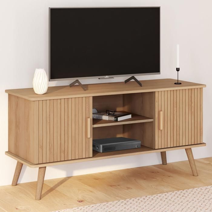 ID MARKET meuble tv JULIETTE 2 portes 110 cm bois clair à poser