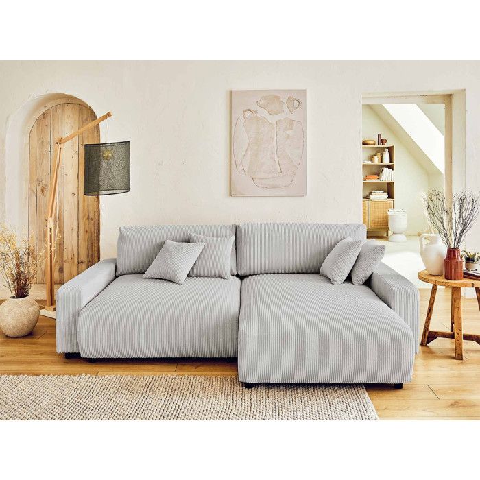 Canapé D'angle Convertible Lit - Tissu Gris Clair - Modèle ARON - Occasion