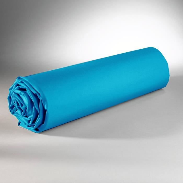 Drap Housse - 100% Coton - Bleu - 180 x 200 cm - Bonnet 25 cm - Lavable