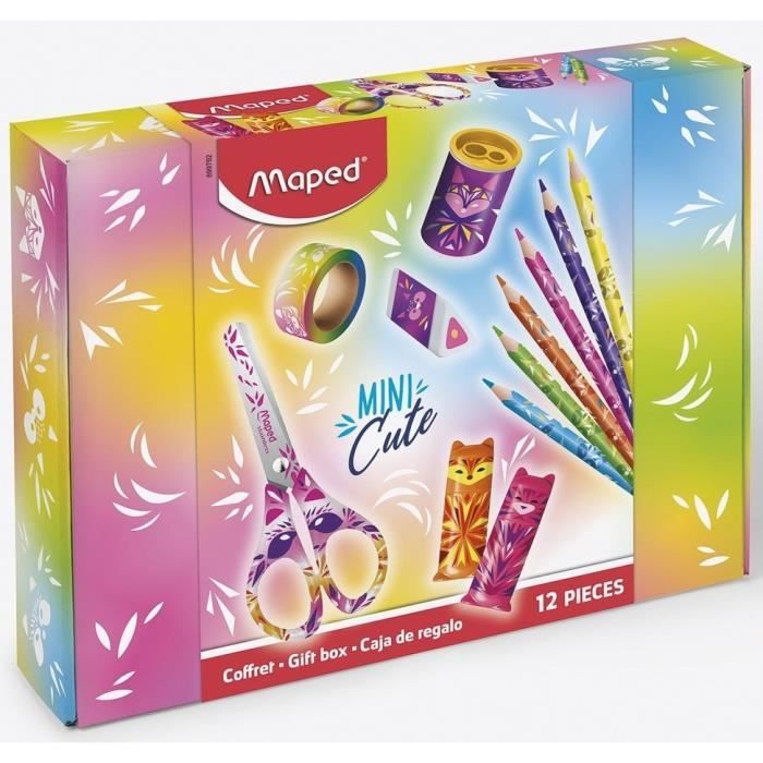 Maped - Coffret Mini Cute - 12 produits - ciseaux, taille-crayons, surligneurs, gomme, crayons de couleur et masking tape