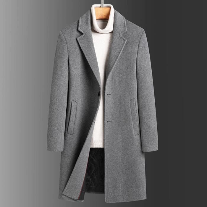 Manteau long hiver homme Caban long homme chaud Gris en laine Col