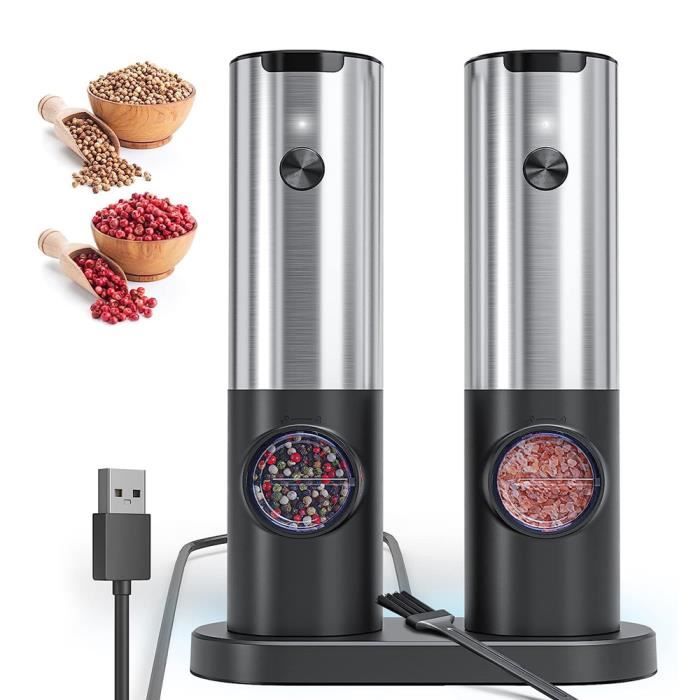 Moulins à Sel Et Poivre Électriques - Set Avec Support Rangement - Bois Et Inox - Noir Grain Bois