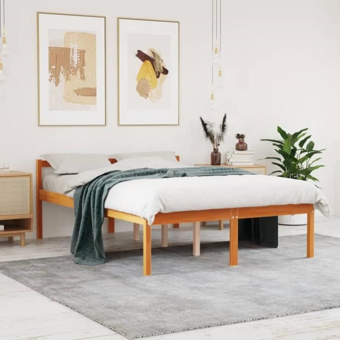 Lit pour personne âgée - OMABETA - CWT11353 - Bois de pin massif - 140x190cm - Marron cire