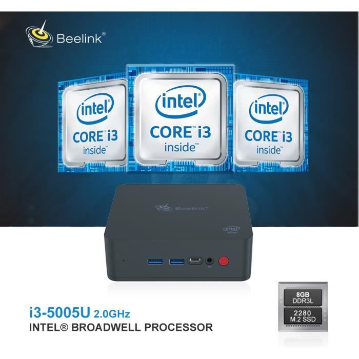 Top achat Ordinateur de bureau Beelink U55 Mini PC Unité central 8GB RAM+512GB SSD Intel Core I3-5005U/Intel HD Graphics 5500/2.4G+5.8G WiFi/BT4.0/Windows10 64 Bit pas cher