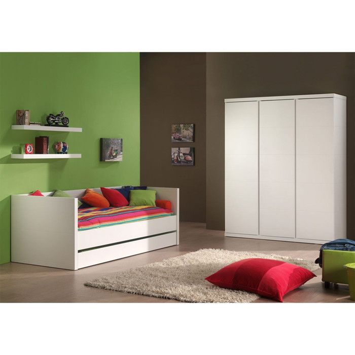 Pack - Lit Banc Enfant Tiroir Armoire & Lot de 2 Étagères Lara Blanc Pack - Lit Banc Enfant Tiroir Armoire & Lot de 2 Étagères Lara Blanc