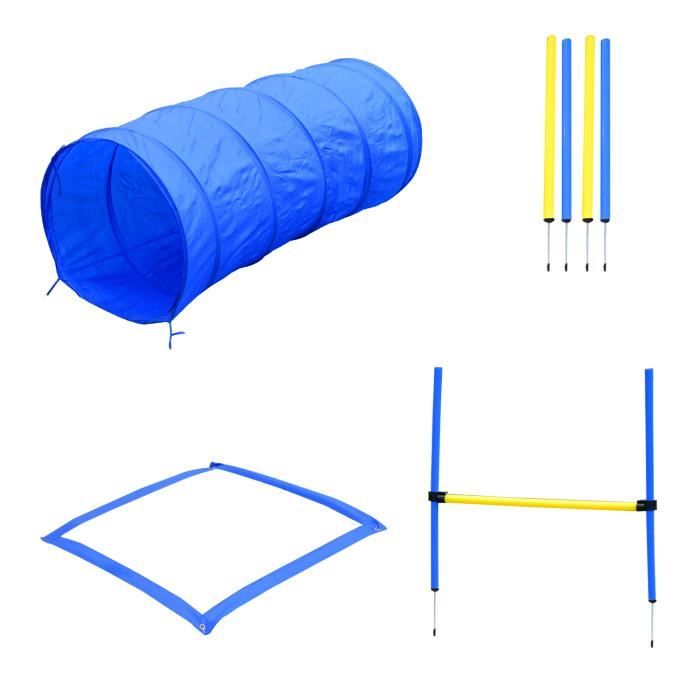 Agility sport pour chiens équipement complet obstacles tunnel slalom zone repos + 2 sacs de transport bleu jaune 03 148x60x60cm