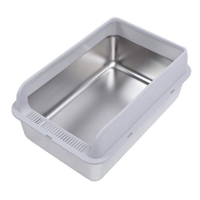 Bac à Litière Pour Chat En Acier Inoxydable - 62x42x30 Cm, Bords Hauts, Marche Incluse - Jusqu'à 15 Kg