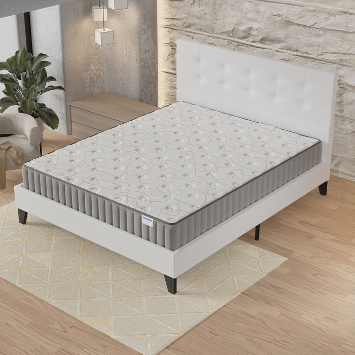 Ensemble MATELAS + LIT (140x190cm)- Orionis 22cm Mémoire de forme & Mousse HDensité + Sommier stable & tête de lit revêtement Blanc