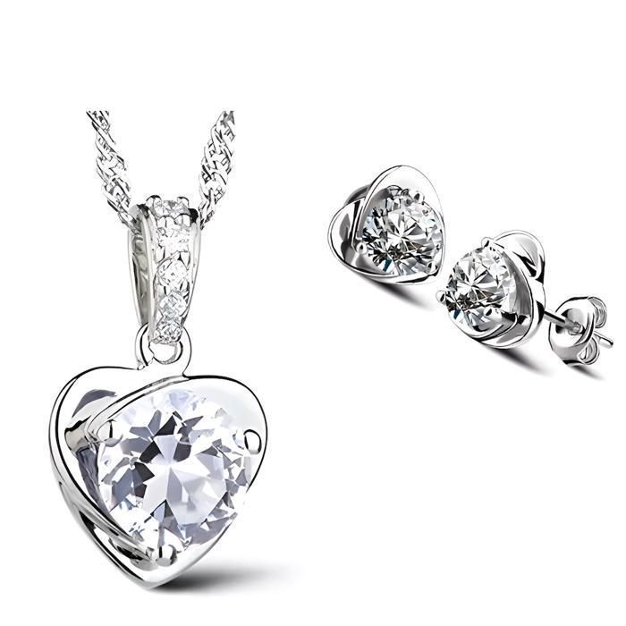 Parure Bijoux Argent 925 Chat - Collier Et Boucles D'oreilles Cristal Autrichien